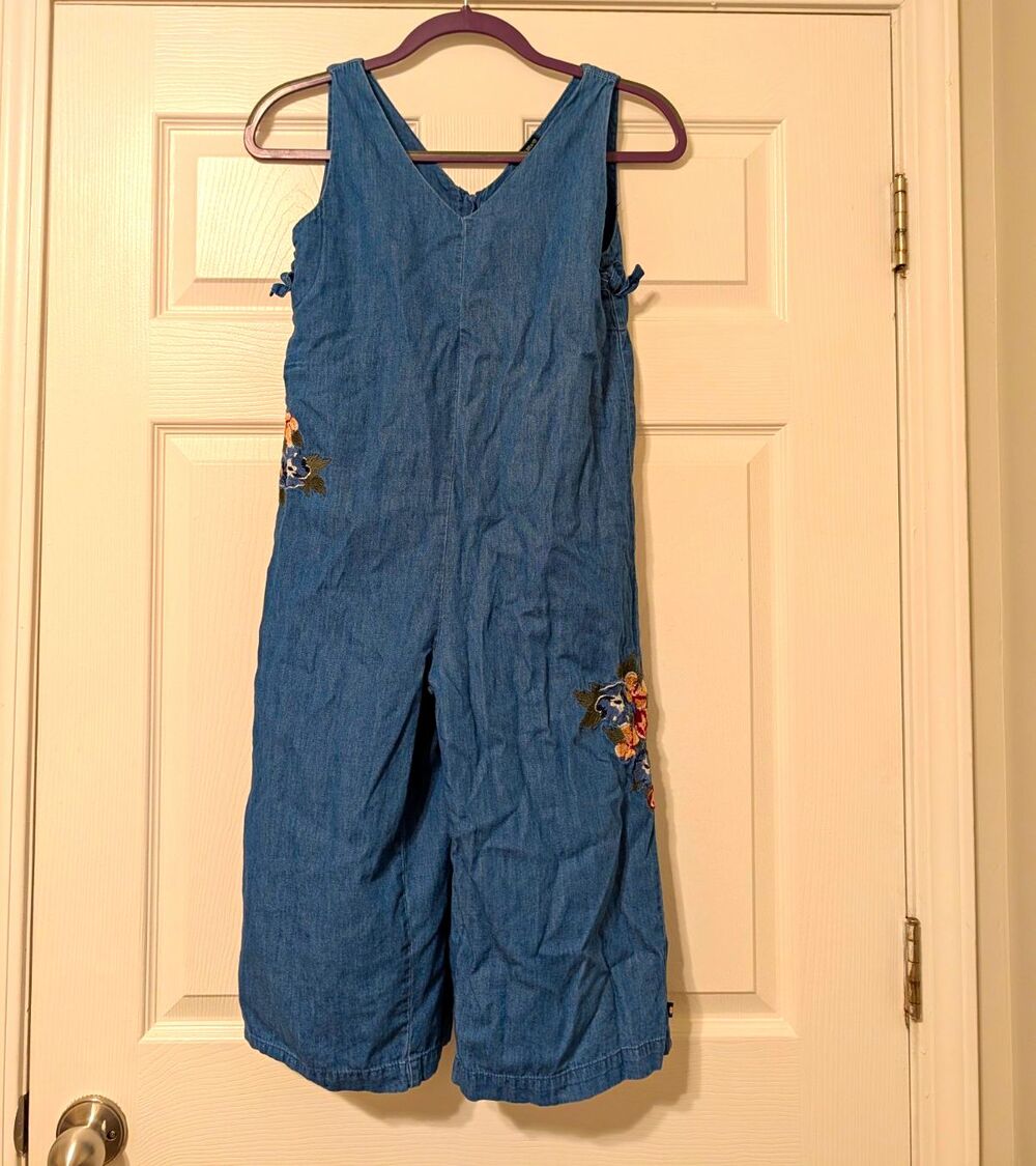 Lucky Brand Denim Capri Jumpsuit Floral Embroidered W/ Pockets M